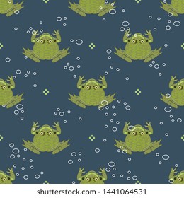 
Seamless geometrical monochrome animal pattern with silhouettes of frogs or toads and water bubbles. Flat cartoon style.