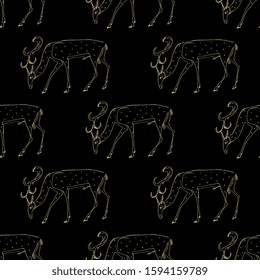 Seamless geometrical monochrome animal pattern with silhouettes of stylized deer or elk. Hand drawn linear sketches.