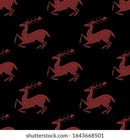 Seamless geometrical monochrome animal pattern with silhouettes of stylized deer. Ancient Greek vase painting motif.