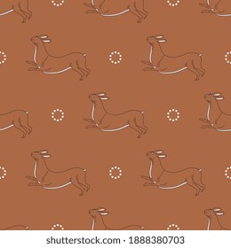 Seamless geometrical monochrome animal pattern with running hares or rabbits and dotted daisy flowers. Ancient Greek vase painting motif.