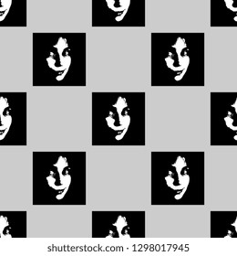Seamless geometrical monochrome checkered pattern with abstract squares and female faces.