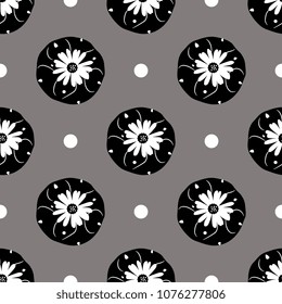 Seamless geometrical monochrome floral pattern with top view Lopophora Peyote cactus and abstract polka dots. Black and white silhouettes on gray background.