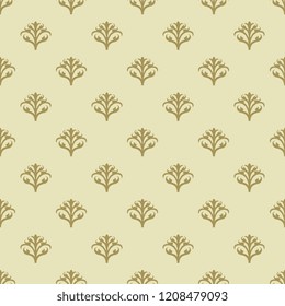 Seamless geometrical monochrome floral pattern with small vintage motifs. Gold silhouettes on light yellow background.