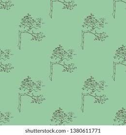 Seamless geometrical monochrome floral pattern with silhouettes of mountain pines or tree branches. Hand drawn art.