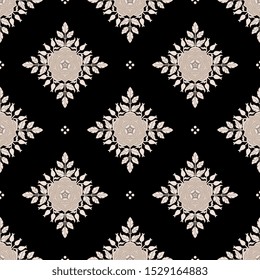 
Seamless geometrical monochrome floral pattern with vintage square motifs. Stylized flowers, branches and berries of wild roses.