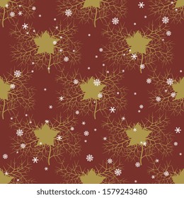 Seamless geometrical monochrome floral pattern with silhouettes of nigella flower and snowflakes.