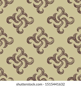 Seamless geometrical monochrome pattern with abstract square spiral shapes. Nanai folk motif.