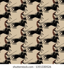 Seamless geometrical monochrome pattern with ancient Greek motifs. Chariot with a charioteer and horses. Vase painting style.