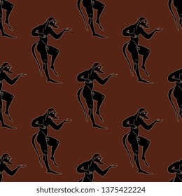 Seamless geometrical monochrome pattern with ancient Greek ethnic motifs. Silhouettes of dancing satyrs. Vase painting style.