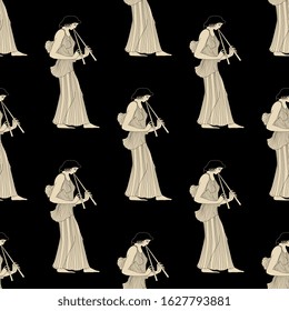 Seamless geometrical monochrome pattern with ancient Greek women playing flute. Vase painting style.