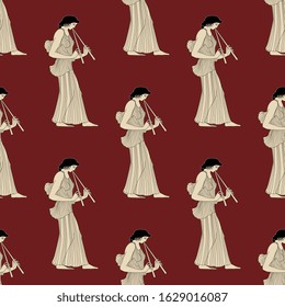 Seamless geometrical monochrome pattern with ancient Greek women playing flute. Vase painting style.