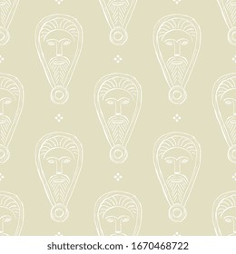 
Nahtloses geometrisches Monochrom-Muster mit keltischen Masken des bärtigen Menschen. Handgezeichnete lineare Skizzen. 