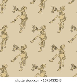 Seamless geometrical monochrome pattern with dancing human skeletons. Ancient Mexican god of death. Native American mythology of Maya Indians. Halloween decor.