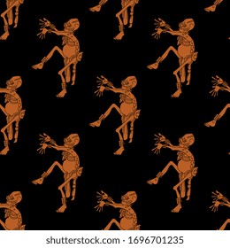 Seamless geometrical monochrome pattern with dancing human skeletons. Ancient Mexican god of death. Native American mythology of Maya Indians. Halloween decor.