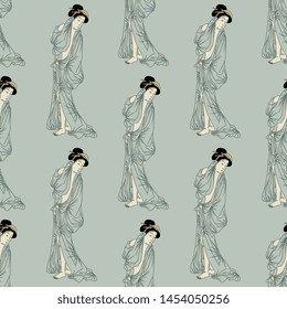 Seamless geometrical monochrome pattern with elegant Japanese women in kimono. Vintage traditional style.