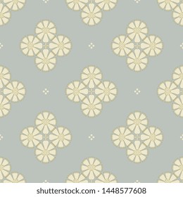 Seamless geometrical monochrome pattern with floral rhombus shapes and polka dots. Folk style.