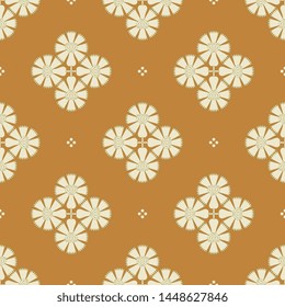 Seamless geometrical monochrome pattern with floral rhombus shapes and polka dots. Folk style.