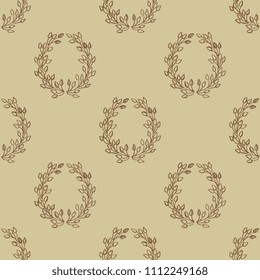 Seamless geometrical monochrome pattern with hand drawn linear laurel wreaths.