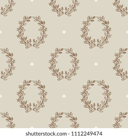 Seamless geometrical monochrome pattern with hand drawn linear laurel wreaths and polka dots.