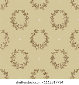 Seamless geometrical monochrome pattern with hand drawn linear laurel wreaths.