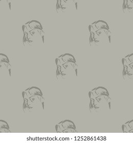 Seamless geometrical monochrome pattern with hand drawn linear sketches of a female face.