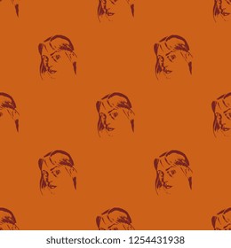 Seamless geometrical monochrome pattern with hand drawn linear sketches of a female face.