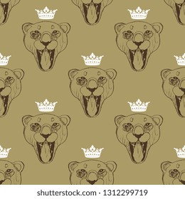 Seamless geometrical monochrome pattern with hand drawn sketches of crowned lioness's head.