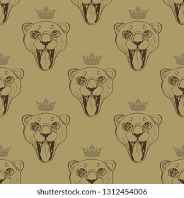 Seamless geometrical monochrome pattern with hand drawn sketches of crowned lioness's head.