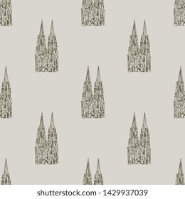 Seamless geometrical monochrome pattern with hand drawn silhouetted sketches of Cologne Cathedral in Germany (Kölner Dom).