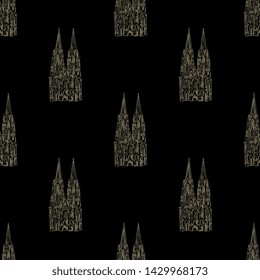 Seamless geometrical monochrome pattern with hand drawn silhouetted sketches of Cologne Cathedral in Germany (Kölner Dom).