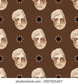 Seamless geometrical monochrome pattern with heads of ancient Greek or Roman goddess and abstract polka dots.