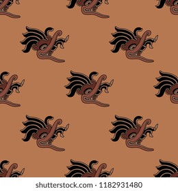Seamless geometrical monochrome  pattern with heads of fantastic monsters. Based on ancient ethnic motif of Mexican Maya Indians.