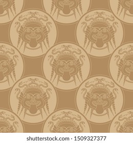Seamless geometrical monochrome pattern with heads of Medusa Gorgon. Ancient Greek mythology.