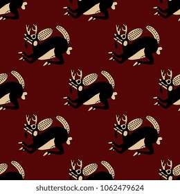 Seamless geometrical monochrome pattern with images of stylized deer. Ethnic style. Based on Moche art of ancient Peru. Mochica culture of Peruvian Indians.