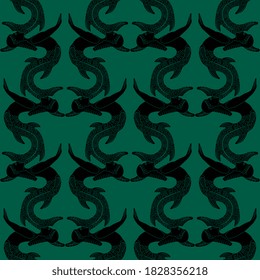 Nahtloses geometrisches Monochrom-Muster mit verflochtenen Silhouetten alter Meerjungfern oder Sirenen.
