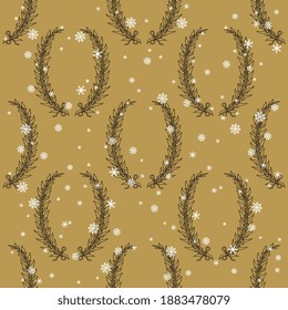 Seamless geometrical monochrome pattern with laurel or bay wreaths and snowflakes. Seasonal winter design. Christmas new year texture.