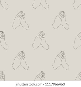 Seamless geometrical monochrome pattern with linear silhouettes of human hands in pray.