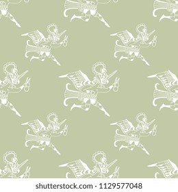 Seamless geometrical monochrome pattern with linear silhouettes of fantastic running anthropomorphic birds. Based on ancient motif of Peruvian Mochica Indians.