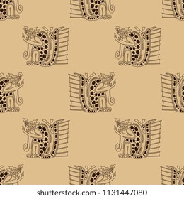 Seamless geometrical monochrome pattern with linear silhouettes of Mayan monsters. Based on ancient ethnic motif of Maya Indians.