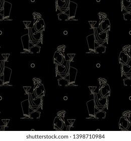 Seamless geometrical monochrome pattern with linear silhouettes of ancient Greek god Dionysus.