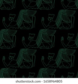 
Seamless geometrical monochrome pattern with linear silhouettes of ancient Egyptian winged sphinxes.