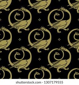 Seamless geometrical monochrome pattern with medieval Gothic motifs. Fantastic funny ouroboros dragons.