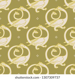 Seamless geometrical monochrome pattern with medieval motifs. Fantastic funny dragons.