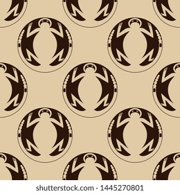 Seamless geometrical monochrome pattern with Native American ethnic motifs. Round animal mandalas with stylized frogs or toads. Mimbres pottery motif.
