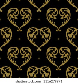 Seamless geometrical monochrome pattern with ornate hearts made of vintage floral motifs and polka dots. Gold silhouettes on black background.