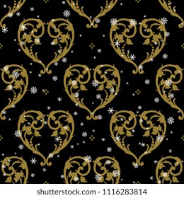 Seamless geometrical monochrome pattern with ornate hearts made of vintage floral motifs, polka dots and snowflakes. Gold and white silhouettes on black background.