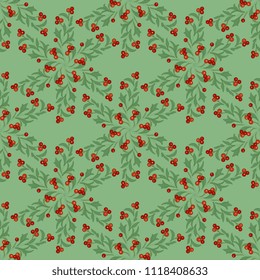 Seamless geometrical monochrome pattern with ornate round floral mandalas made of branches with red berries. Folk style. Based on medieval European motif.