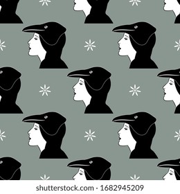 Seamless geometrical monochrome pattern with raven girl. Native American bird totem.