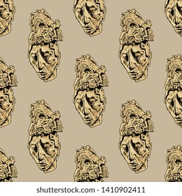 Seamless geometrical monochrome pattern with sculpture heads of young man from Palenque. Ancient Mexican Pre Columbian Mayan art. Ruler of Pakal.