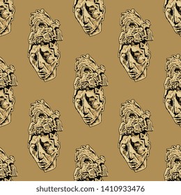 Seamless geometrical monochrome pattern with sculpture heads of young man from Palenque. Ancient Mexican Pre Columbian Mayan art. Ruler of Pakal.